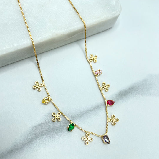 18k Gold Filled Box Chain, Signature Cross Charms & Multi-Color Pears Flowers Zirconias
