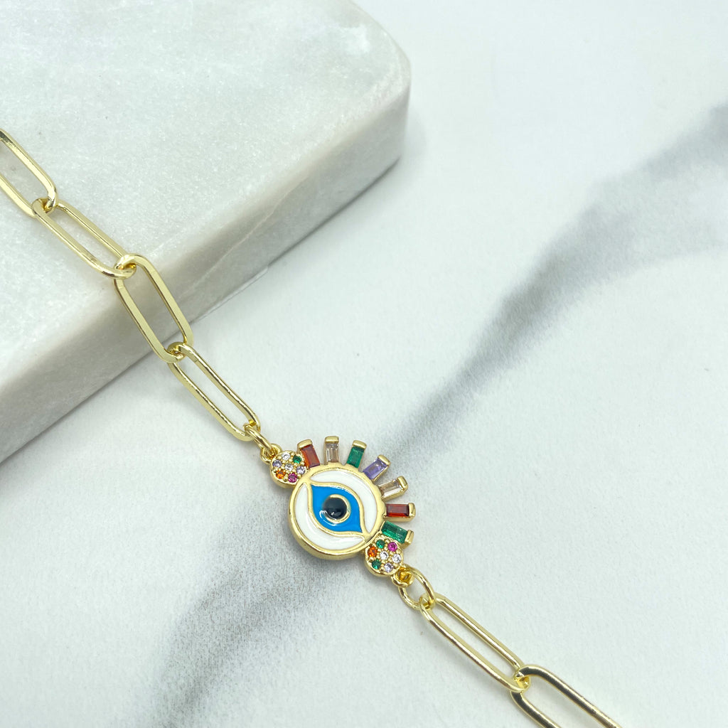 18k Gold Filled 5mm Paperclip Chain Bracelet, Enamel & Multicolor Micro CZ Evil Eye Charm