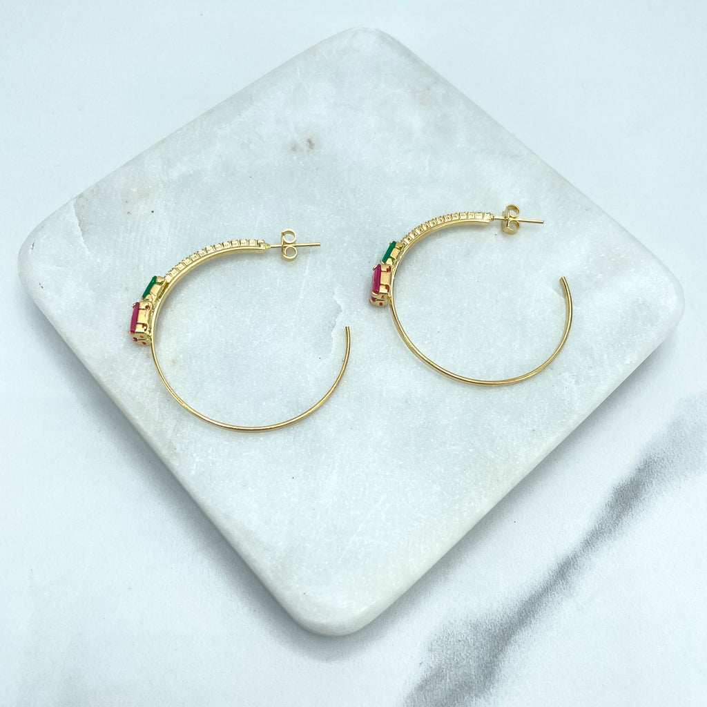 18k Gold Filled C-Hoop Earrings featuring Micro Pave CZ, Green & Pink Cubic Zirconia