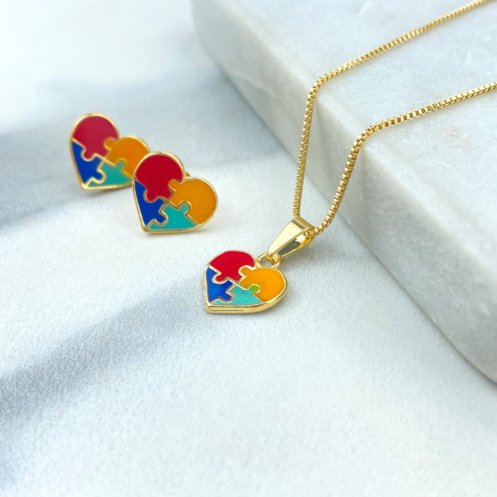 18k Gold Filled Jewelry Set Autism Awareness, Autism Colorful Heart Puzzle Necklace & Stud Earrings Set, Autism Symbol