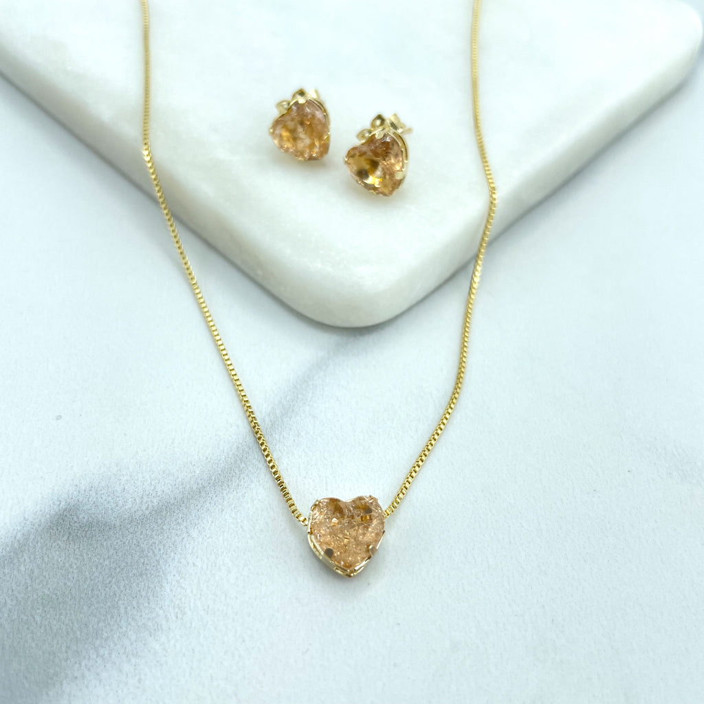 18k Gold Filled Set, Colored Solitaire Zirconia in Heart Shape, Tear Shape or Circle Shape