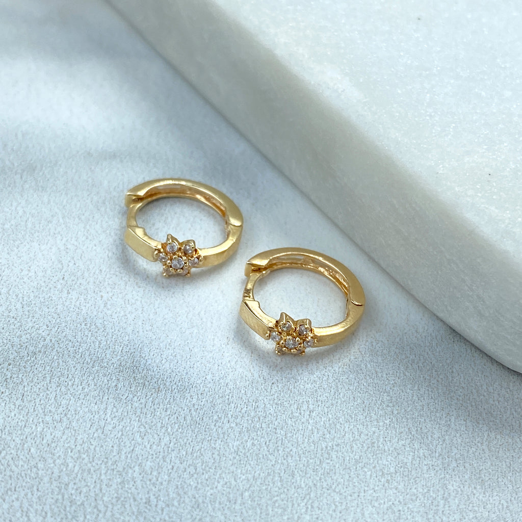 14k Solid Gold Huggie Earrings with Flower Charm featuring CZ, 14k Solid Yellow Gold CZ Flower Huggie Earrings