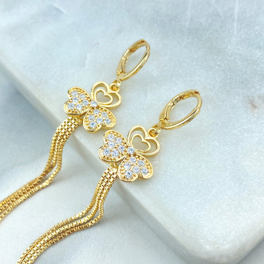 18k Gold Filled Long Dangle Clover Charm Huggie Earrings, Triple Dangle Huggie Hoop Earrings with CZ Clover