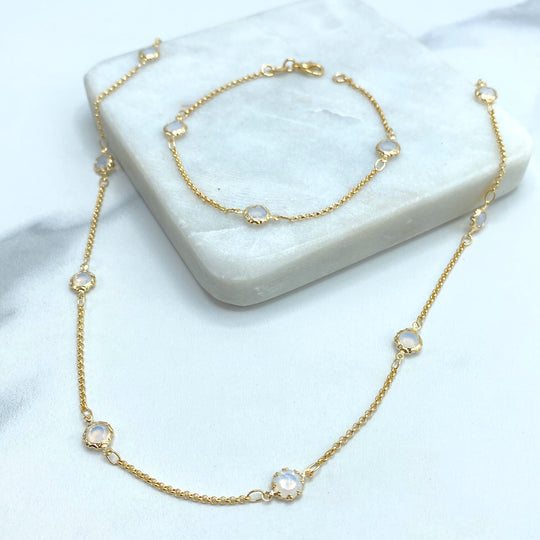 18k Gold Filled Thin Rolo Chain with Linked Simulated Moonstone, Necklace or Bracelet, Buy as a set or individually