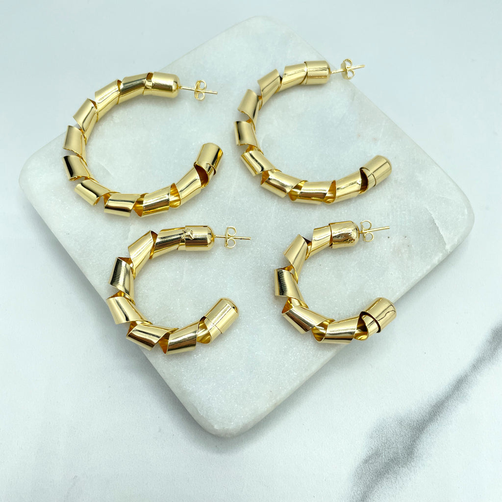 18k Gold Filled Spiral Design Open Earrings, 47mm or 33mm C-Hoop Twisted Earrings