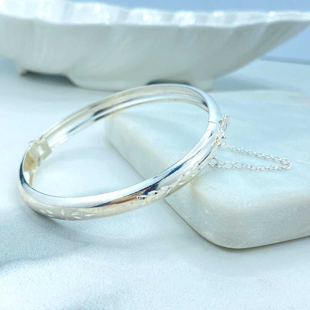 Silver Filled Bangle Bracelets with Safety Clasp and Chain, Florentine Engraved, Available in Adult and Kids Sizes, Mommy and Me Bracelets