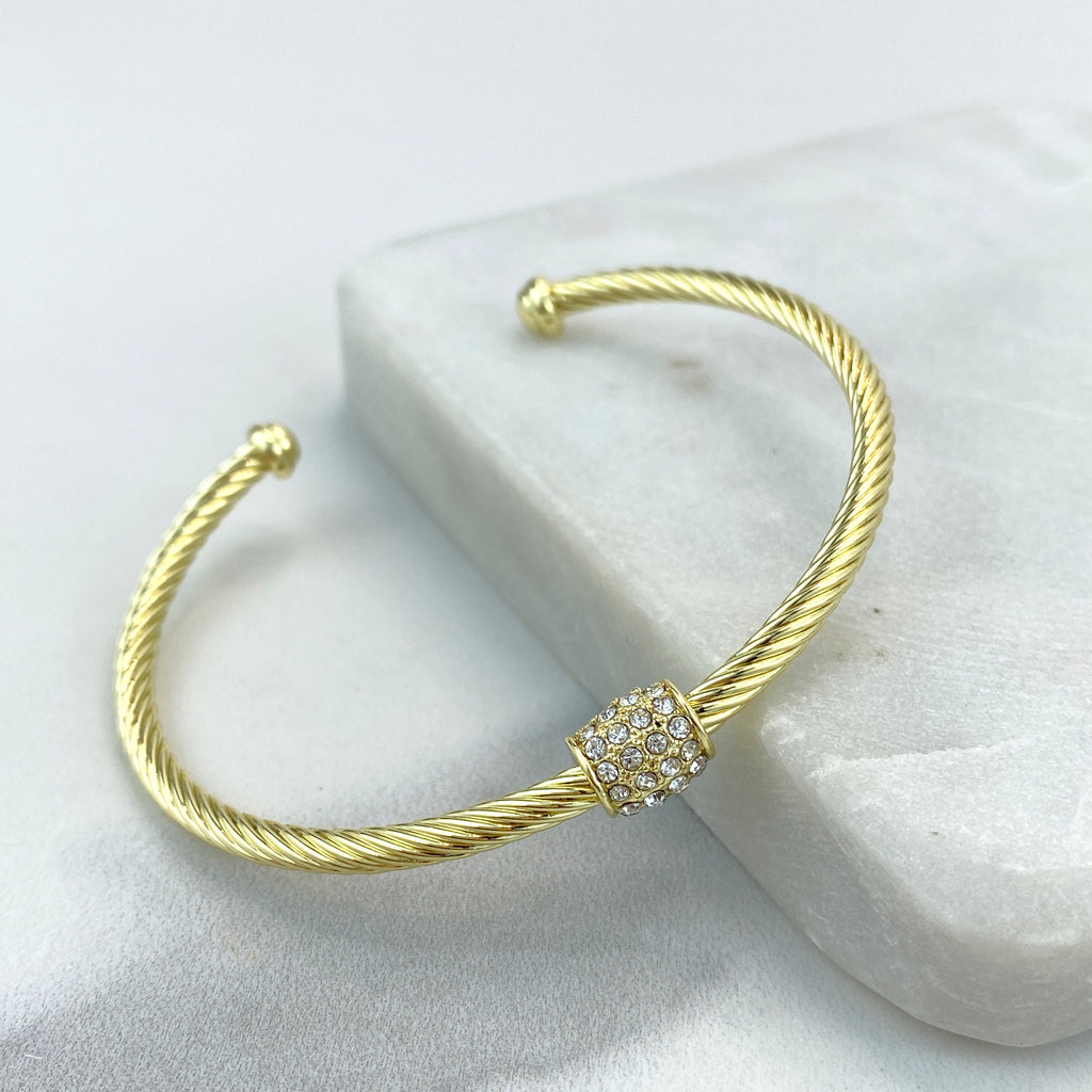 18k Gold Filled or Silver Filled Cable Cuff Bracelets with Charm featuring Micro Pave CZ Adjustable Bracelet