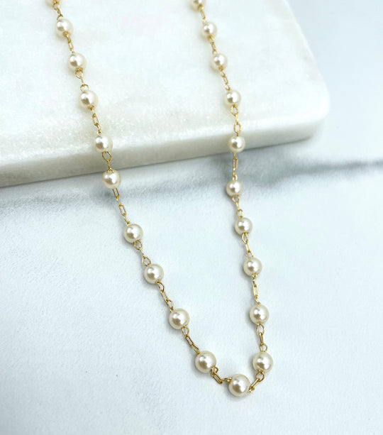 18k Gold Filled Necklace, 4mm Simulated Pearl Linked Chain with extender