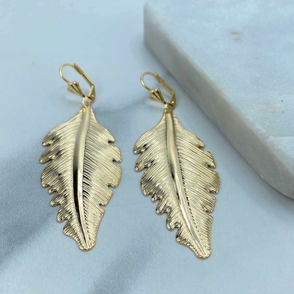 18K Gold Filled Textured Feather Leaf Drop Dangle Earrings, Dangly Boho Leaf and Feather Drop Earrings, Dangling Nature