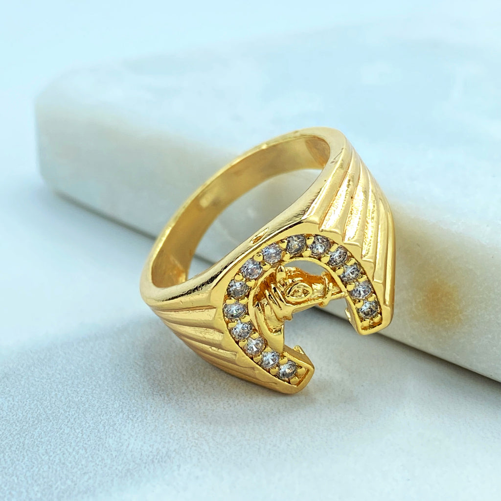 18k Gold Filled Micro Cubic Zirconia Horseshoe with Horse in Center, Unisex Horse Ring, Horse Head Shaped Ring