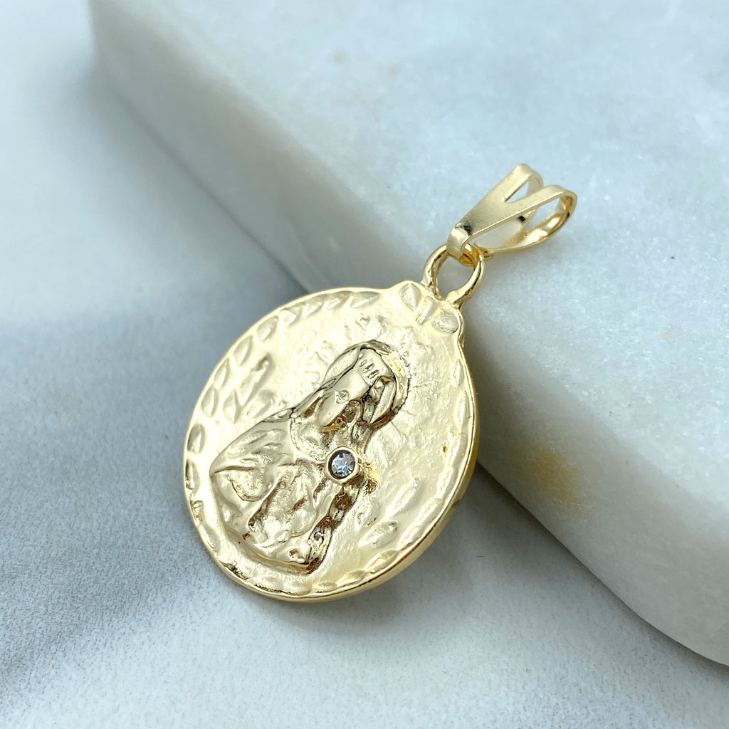 18k Gold Filled Clear Cubic Zirconia Santa Barbara, Saint Barbara Medallion Pendant, Round Religious Charm for Women