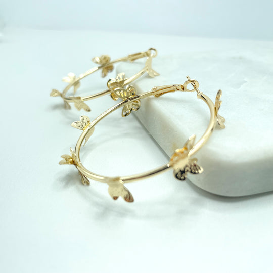18k Gold Filled 50mm Thin Hoop Earrings with Petite Butterflies
