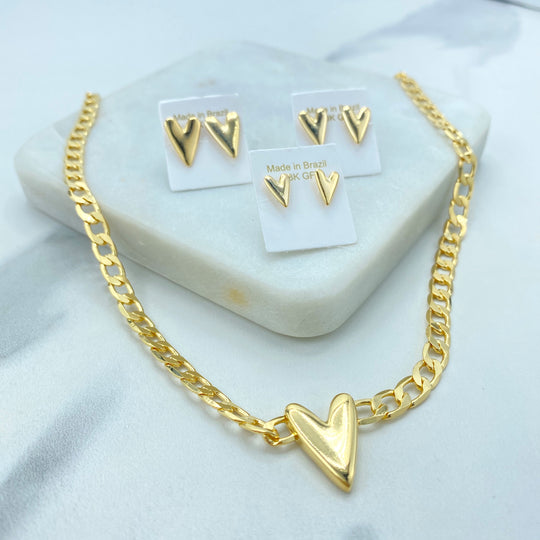 18k Gold Filled Heart Necklace with Curb Link Chain, or V-Shaped Flat Heart Stud Earrings.