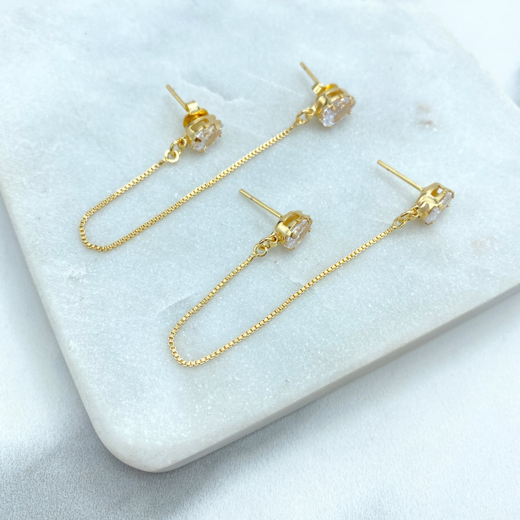 18k Gold Filled Clear Pears Zirconia Double Pierced Chain Drop Earrings