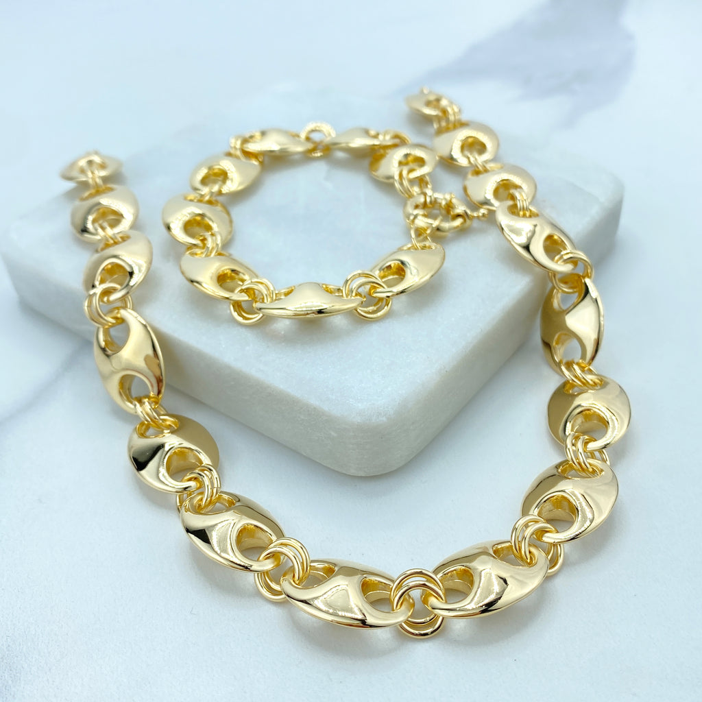 18k Gold Filled 14mm Puffed Mariner Link Light and Hollow Chain Chain 17.5" or Bracelet 7.5"