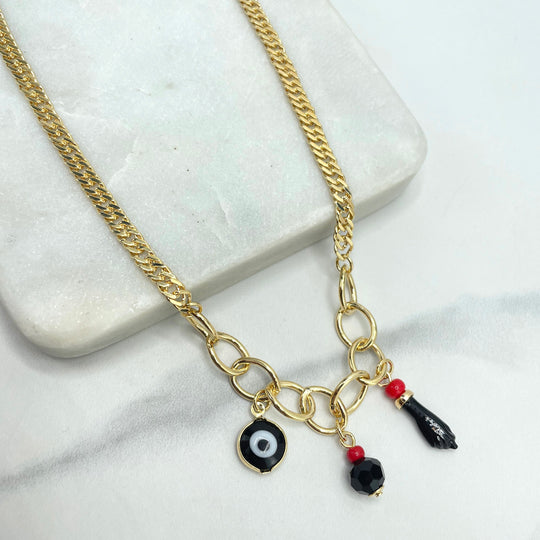 18k Gold Filled Luck and Protection Necklace, 4mm Curb Link Chain, Dangle Evil Eye