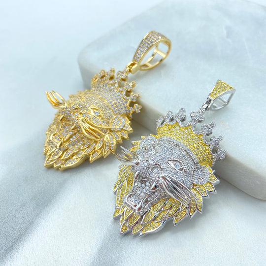 18K Gold Filled or Silver Filled Micro Pave Cubic Zirconia Lion Head With Crown Pendant, Men's Jewelry