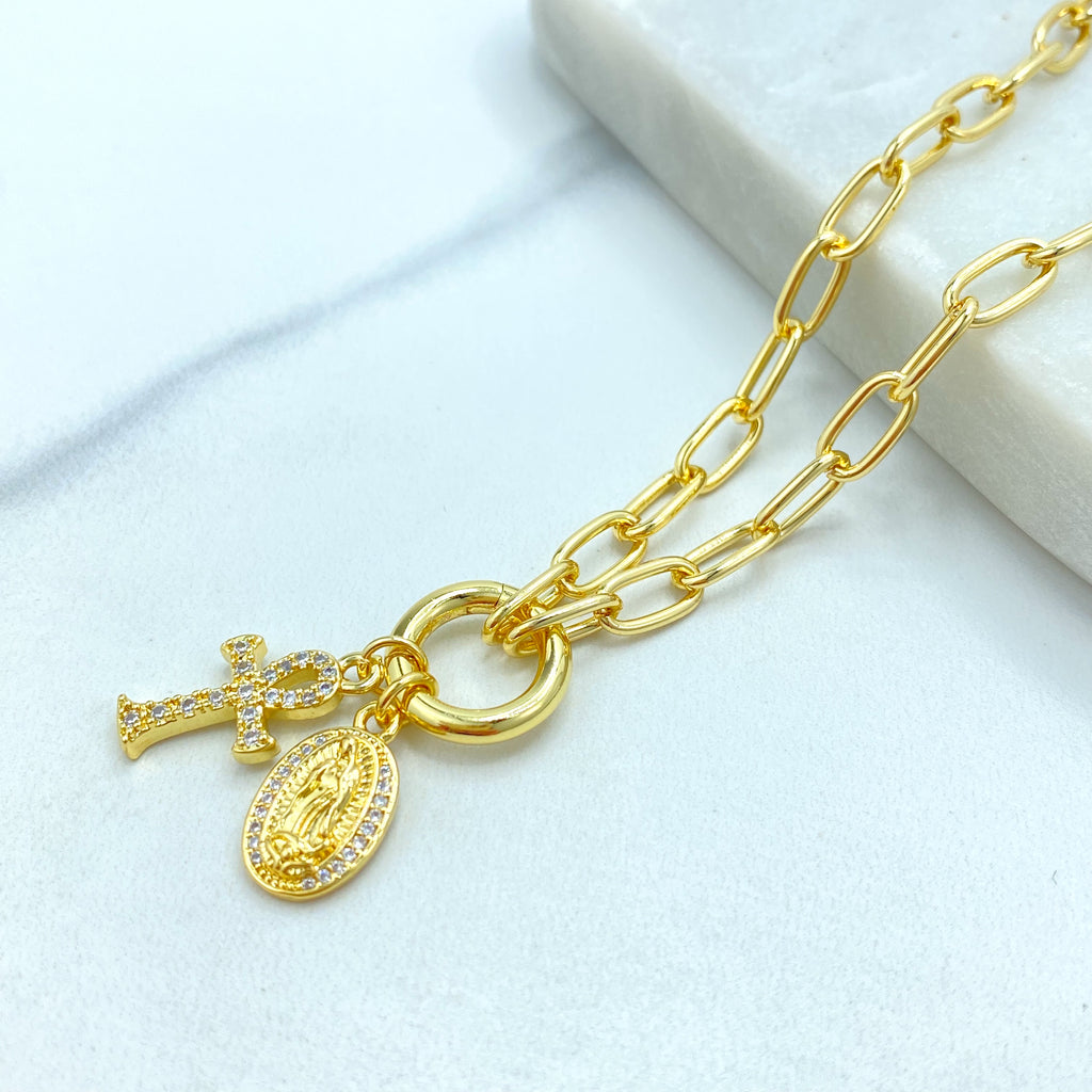 18k Gold Filled Necklace, Paperclip Chain with CZ Ankh Cross & Guadalupe Medal, Faith Religious Jewelry, 16"  + Extender