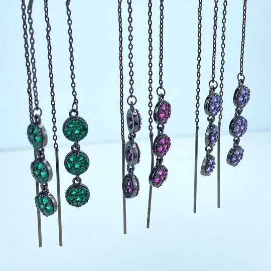 Rhodium Hematite Tone Chain Threader Earrings with Colored Cubic Zirconia Drop Circles, Pink, Green or Purple