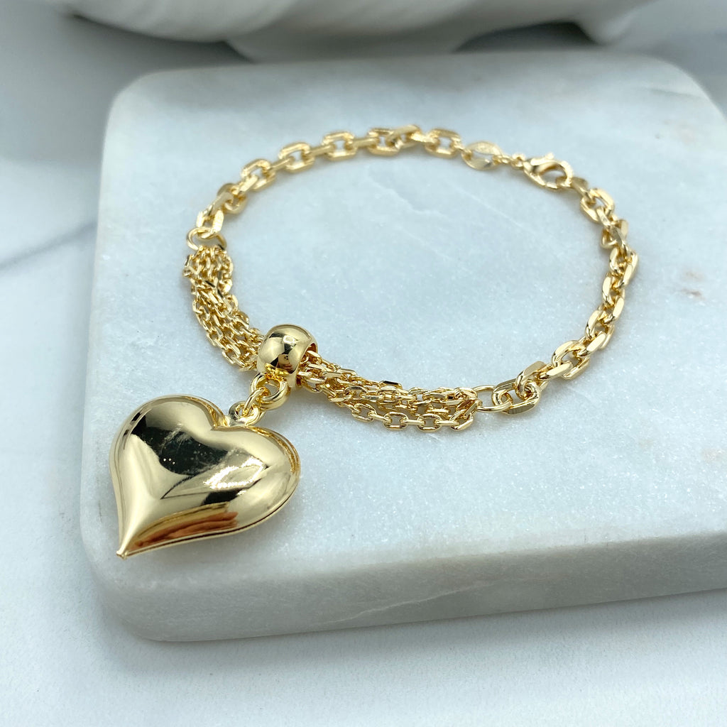 18k Gold Filled or Silver Filled Bracelet with Paperclip Chain and Bundle Paperclip Chains with Puffed 3D Hearts Charm