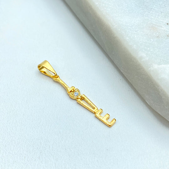 18k Gold Filled Elegant Charm featuring the Word 'LOVE' in a Vertical Design, with Micro CZ, DIY LOVE Charm