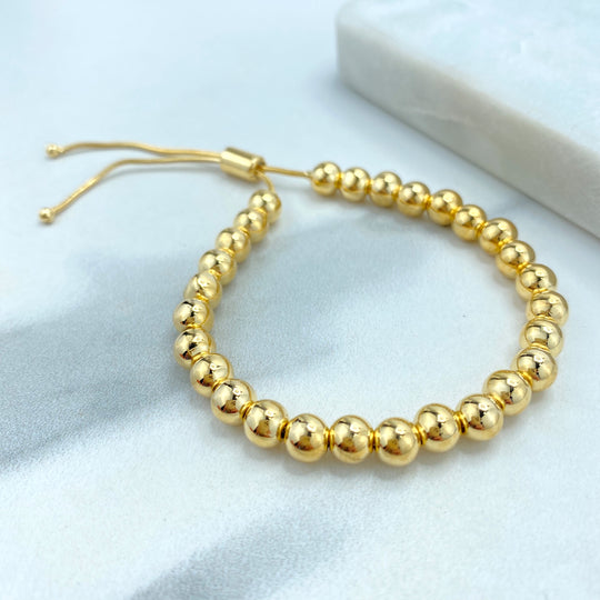 18k Gold Filled 6mm Gold Ball Adjustable Bracelet, Beaded Slide Clasp Bracelet, Stackable Design Beaded Bracelet
