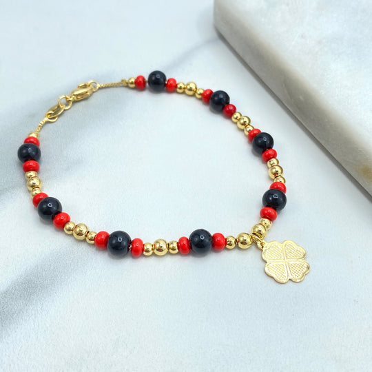 18k Gold Filled Azabache Bracelet with Clover Charm, Protection against the Evil Eye Charm, Clover Azabache Bracelet