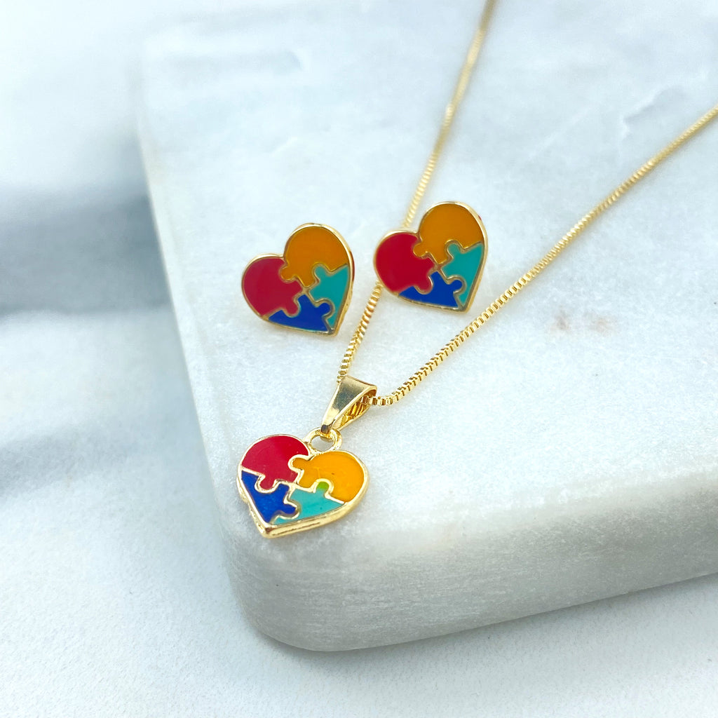 18k Gold Filled Jewelry Set Autism Awareness, Autism Colorful Heart Puzzle Necklace & Stud Earrings Set, Autism Symbol