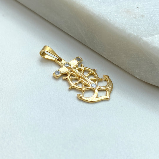 18k Gold Filled Nautical Anchor Jesus Cross featuring Micro CZ Pendant, Anchor and Crucifix Charm