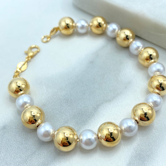18k Gold Filled Beaded Bracelet, with Gold Balls and Pearls, 8 Inches Long, Gold Balls and Simulated Pearls Bracelet