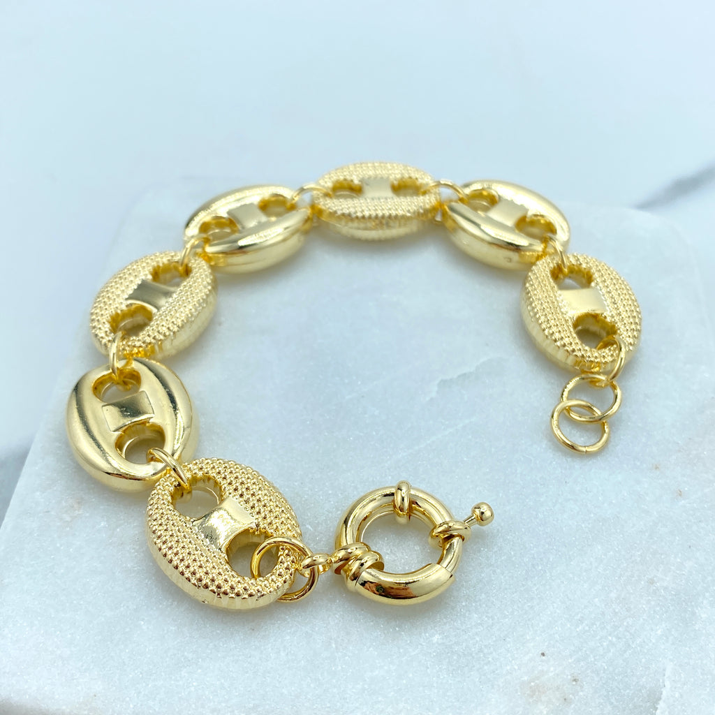 18k Gold Filled 18mm Plain and Textured Puffed Mariner Link Light and Hollow Bracelet 7.5"