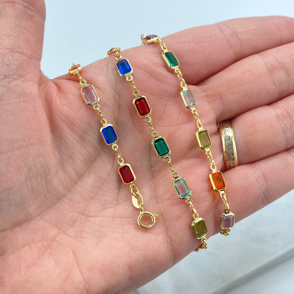 18k Gold-Filled Rainbow Crystal Necklace, Rectangular Multicolor Stone Design, 3 Different Sizes