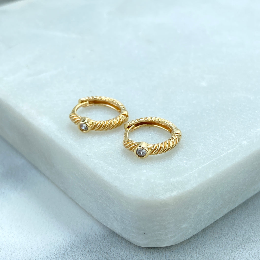 14k Solid Gold Huggie Earrings Twisted Style featuring Clear CZ, 14k Solid Yellow Gold CZ Twisted Huggie Earrings