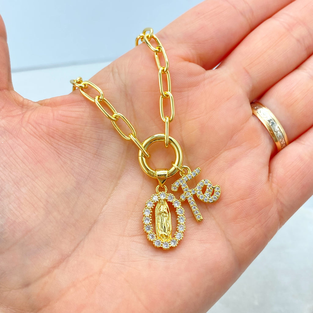 18k Gold Filled Necklace, Paperclip Chain with CZ Guadalupe Medal & “Fe” Charm Necklace, 16" + Extender