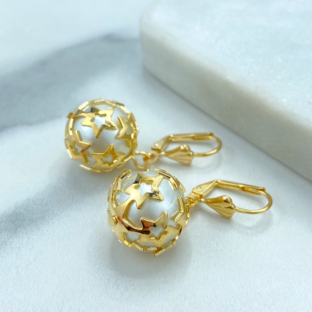 18k Gold Filled Simulated Pearl with Cutout Star Details, Dangle and Drop Earrings, Timeless Earrings