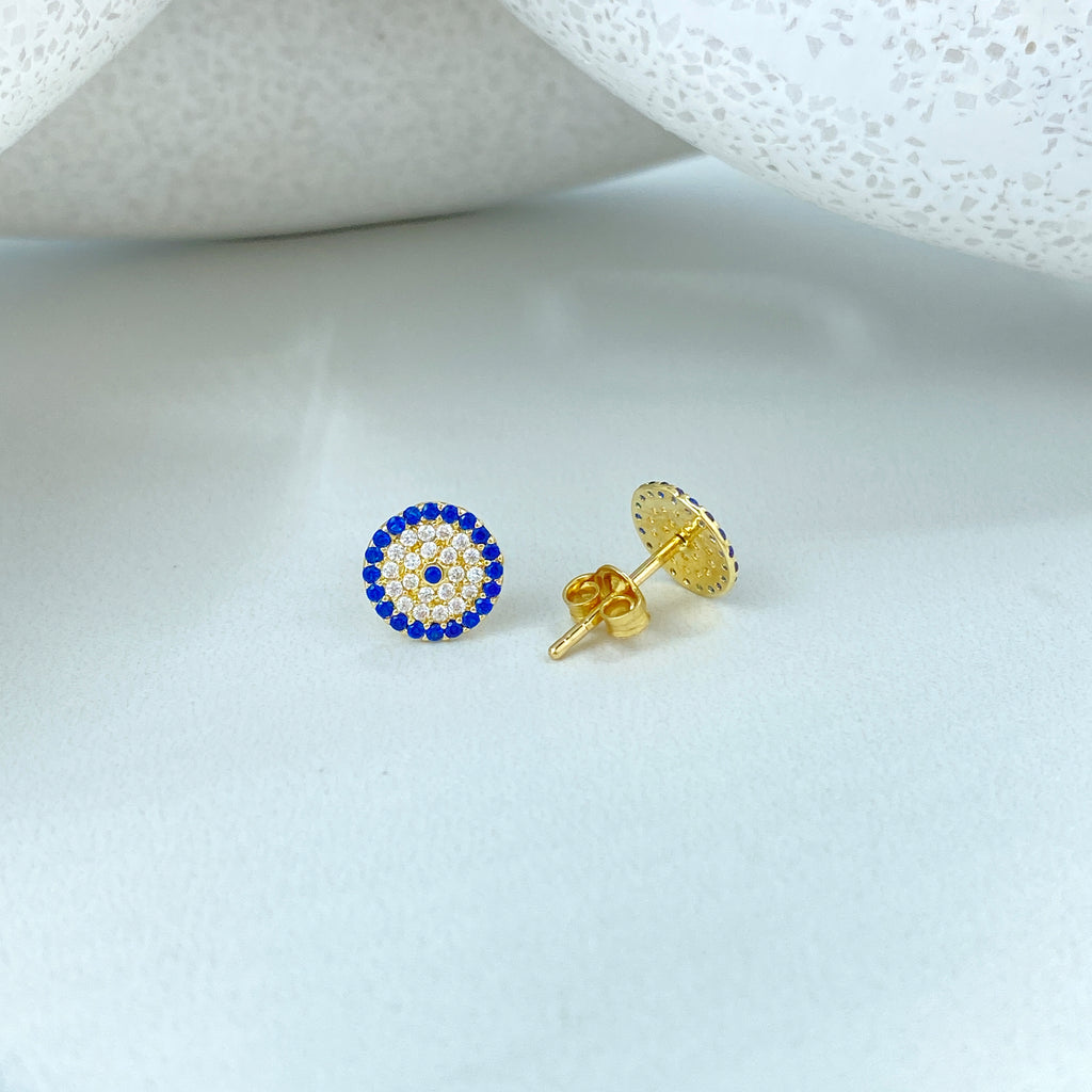 14k Solid Gold Evil Eye Micro CZ Stud Earrings, 14k Solid Yellow Gold CZ Stud Earrings