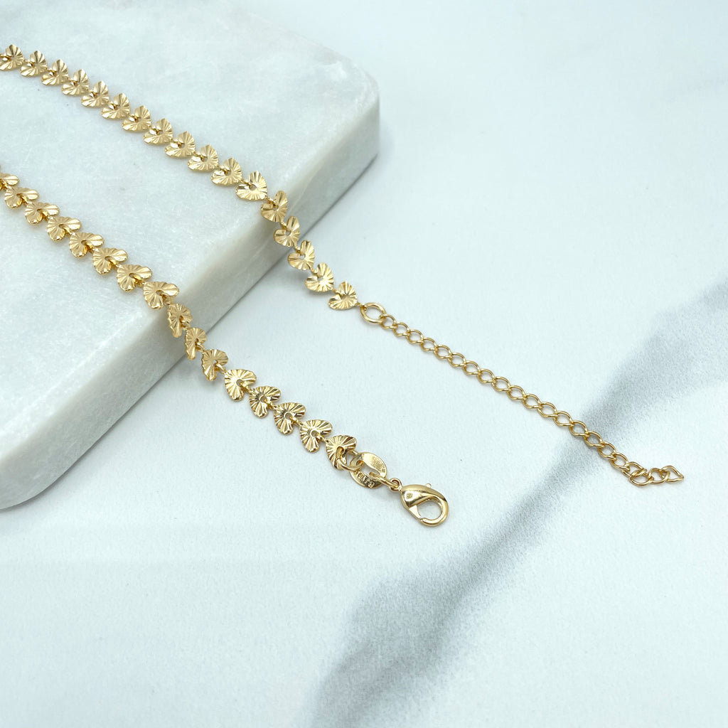 18k Gold Filled Texturized Hearts Linked Chain Choker Necklace with Extender