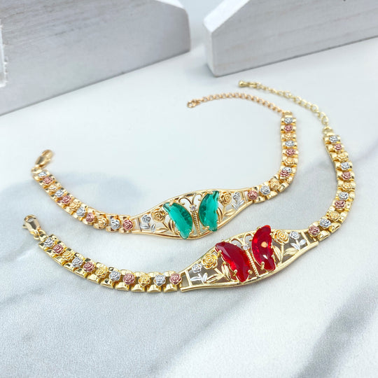 18k Gold Filled Three Tone Rose Flowers, Green or Red Zirconia Butterfly, Bracelet