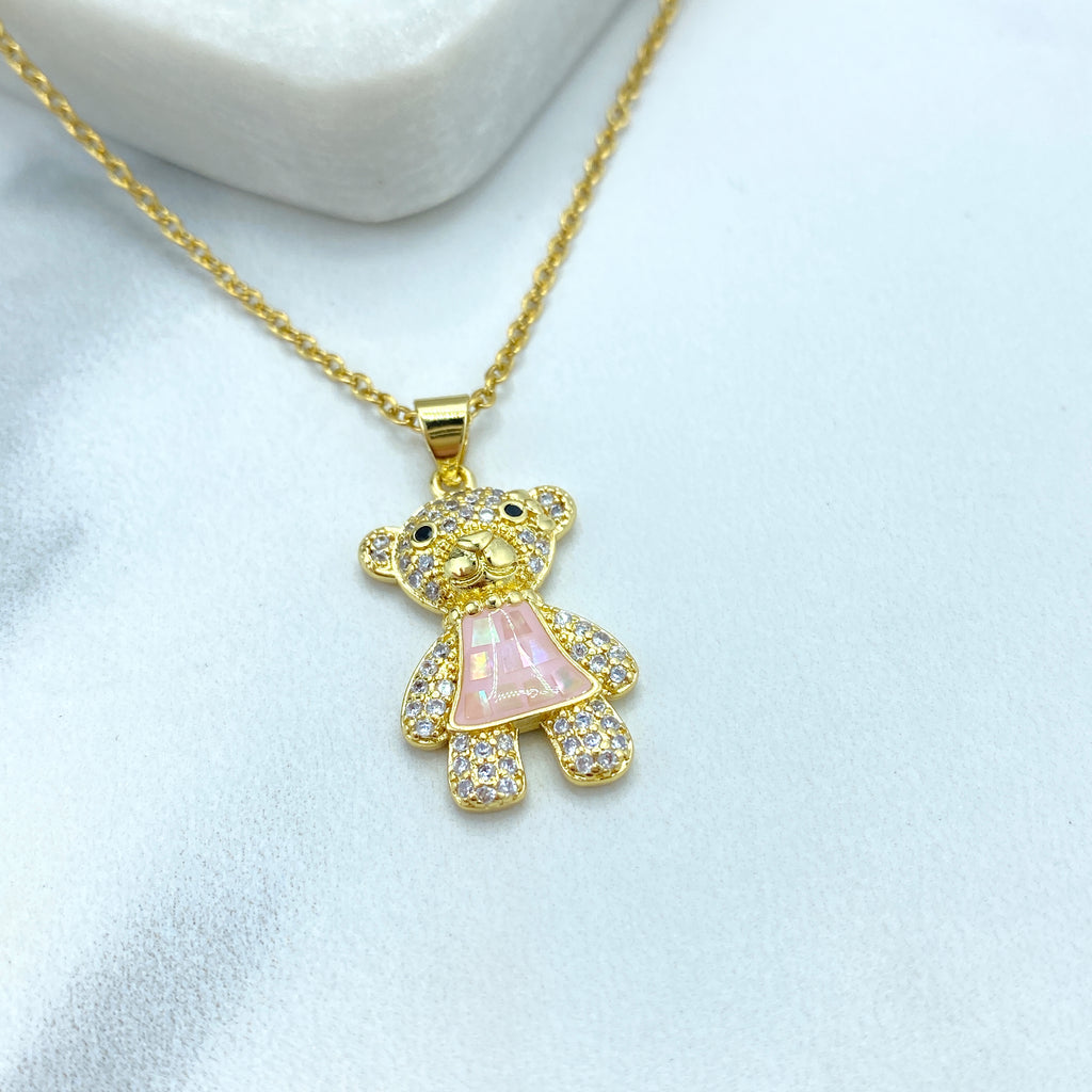 Stainless Steel Cute Teddy Bear Charm Featuring CZ Necklace or Beaded Bracelet