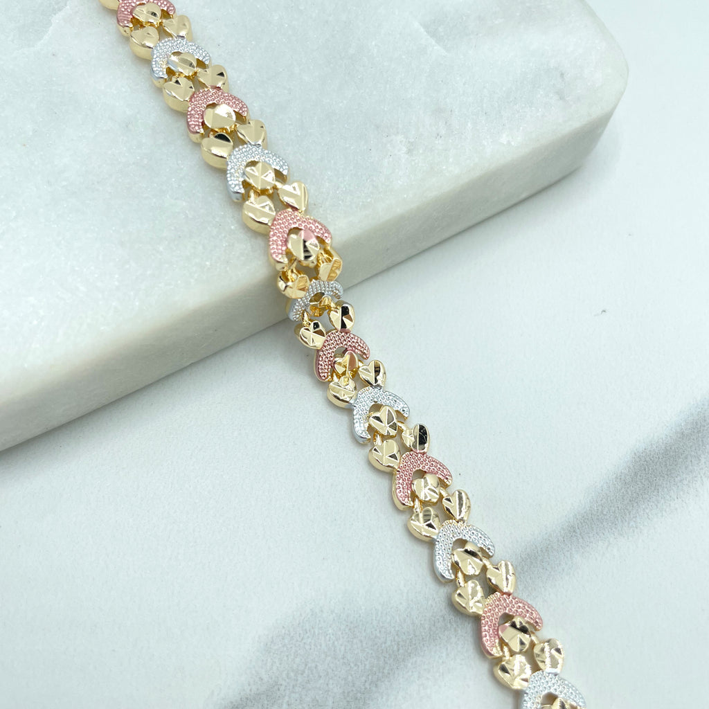 18k Gold Filled Tri-Tone Hearts Bracelet with Cutout Square Linked Shape Chain
