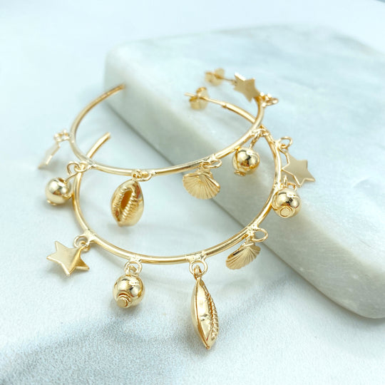 18k Gold Filled Ocean Dangle Charms Hoop Earrings, C-Hoop with Star, Shell, Gold Beads Charms, Open Hoop Earrings