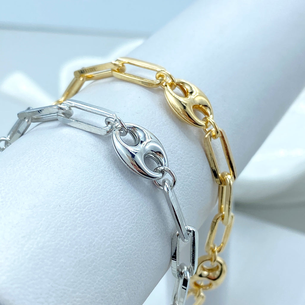 18k Gold Filled or Silver Filled 9mm Puff Mariner Link with 5mm Paperclip Link Bracelet.