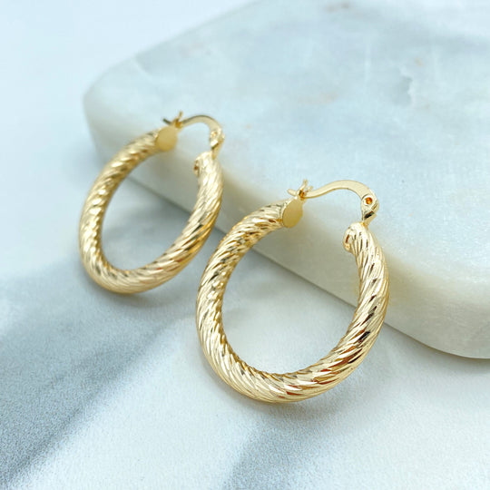 18k Gold Filled Textured Hoops Earrings, 30mm Gold Hoops, Twisted 30mm Hoops Earrings