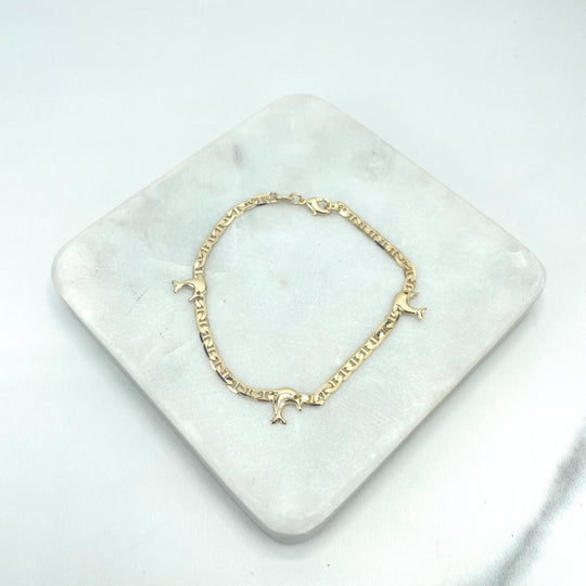 18k Gold Filled 3mm Mariner Link Chain Bracelet featuring Dolphin Charms Linked Bracelet