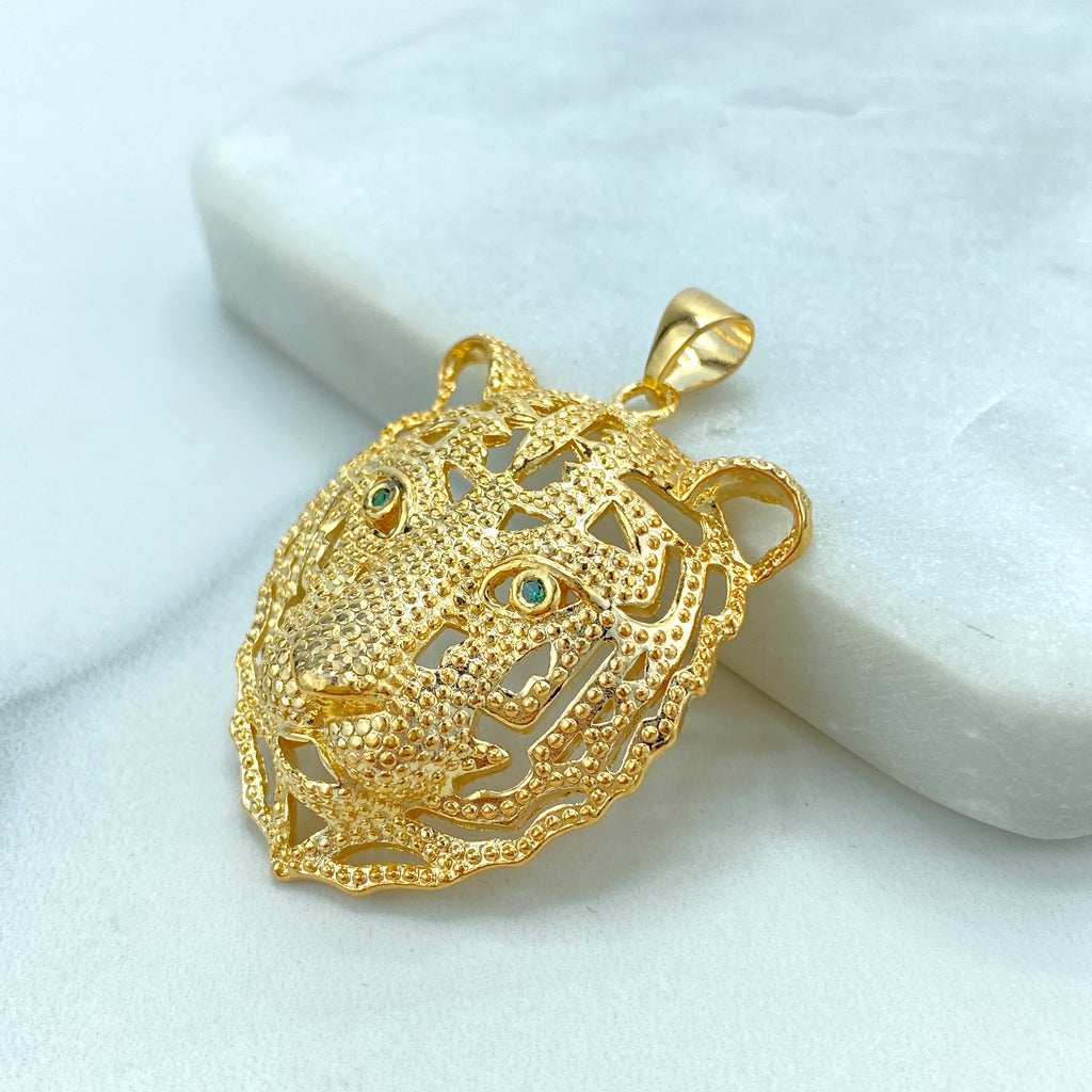 18K Gold Filled Cutout Animal Tiger Head Pendant, featuring Green CZ, Lion Head Pendant