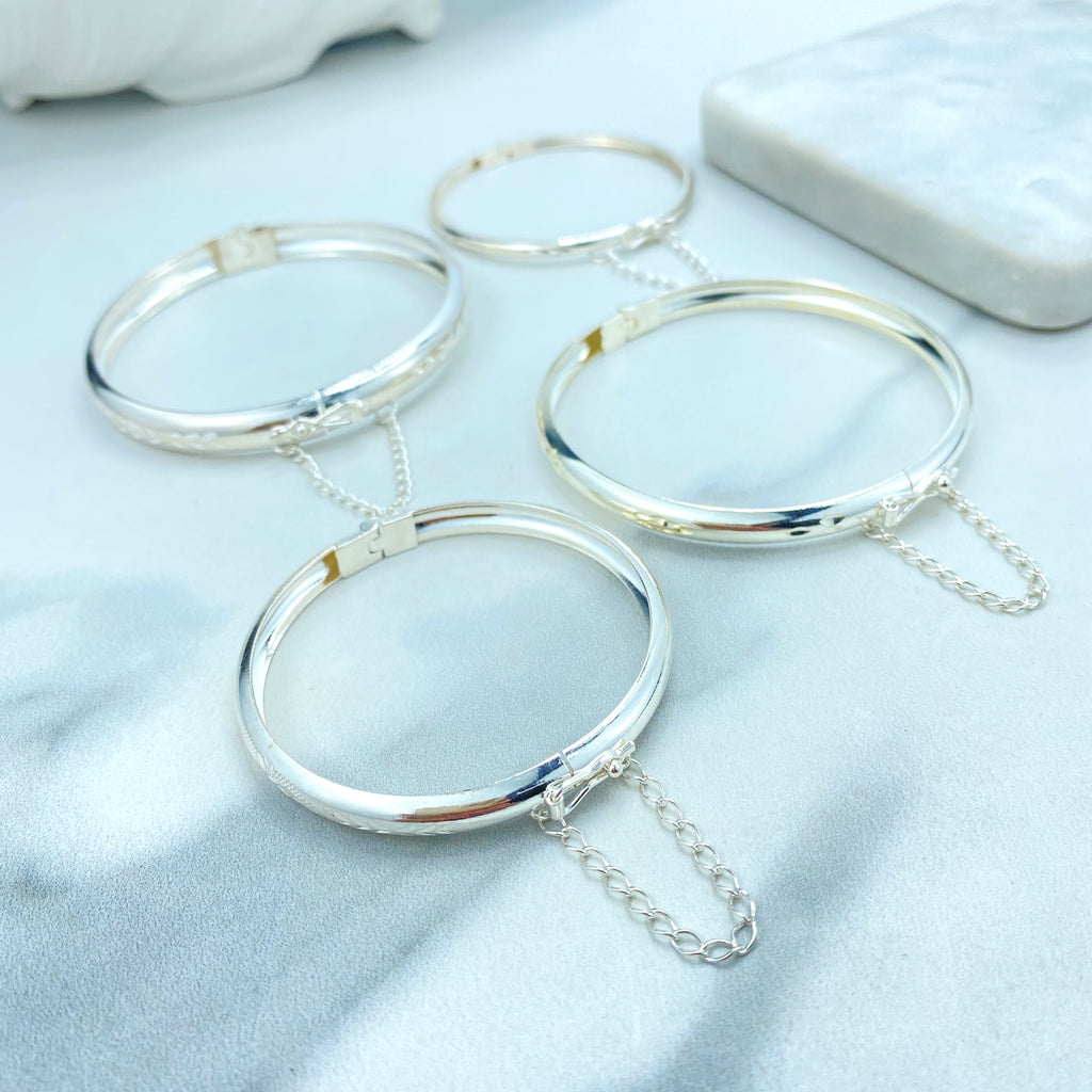 Silver Filled Bangle Bracelets with Safety Clasp and Chain, Florentine Engraved, Available in Adult and Kids Sizes, Mommy and Me Bracelets