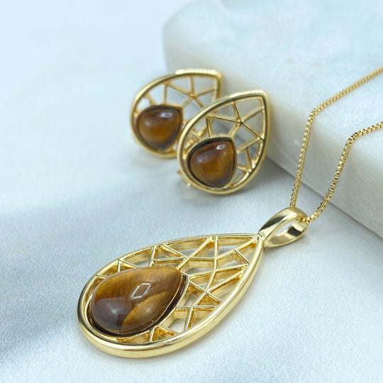18k Gold Filled Filigree Teardrop-Shaped Earrings and Necklace Pendant Set, featuring Handcrafted Natural Tiger's Eye.