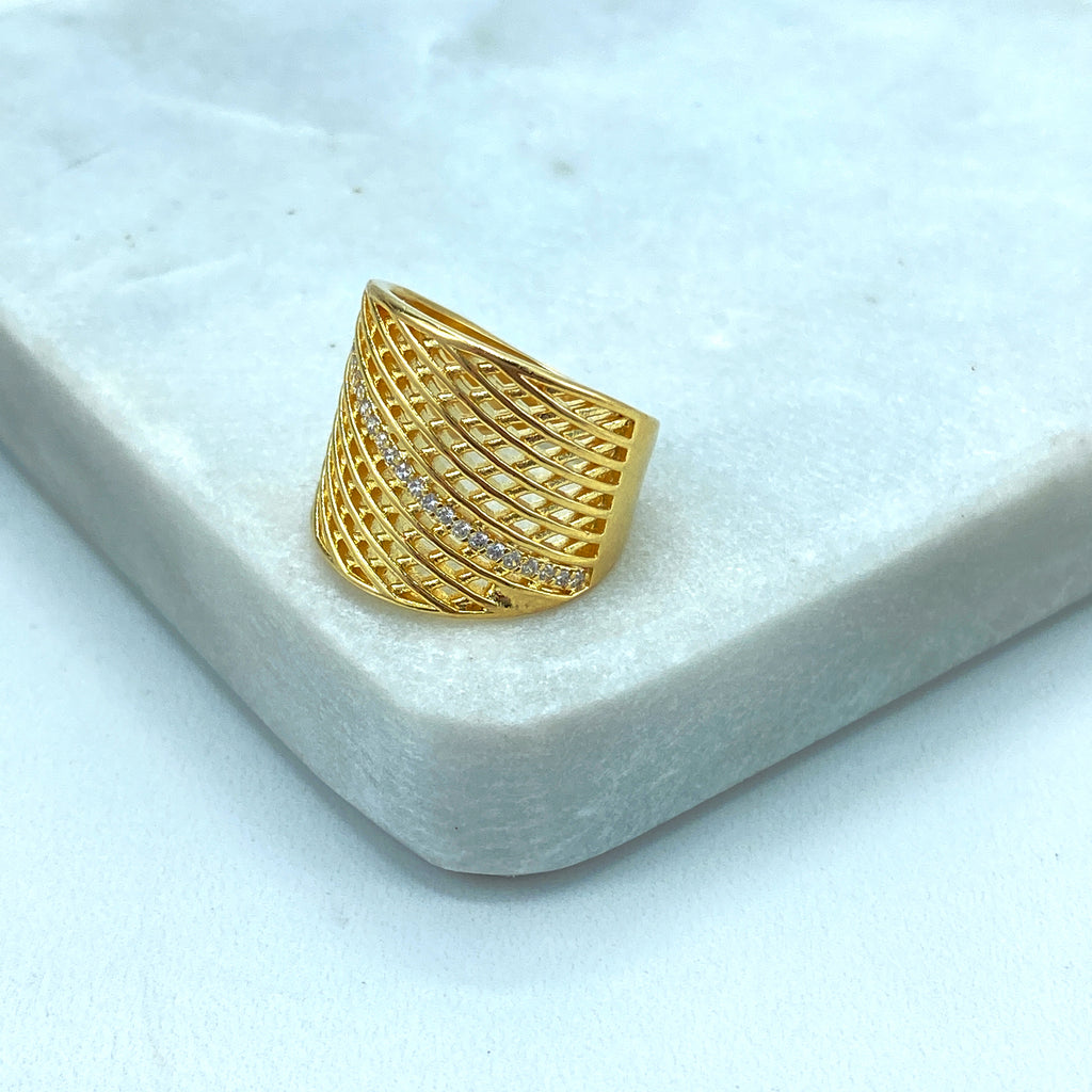 18k Gold Filled Clear Micro Pave Cubic Zirconia Asymmetrical Mesh Grid Ring