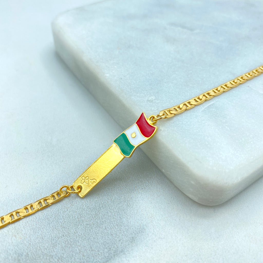 18K Gold Filled and Enamel Mexican Flag ID Mariner Link Bracelet or Stud Earrings Mexican Flag, Patriot Jewelry