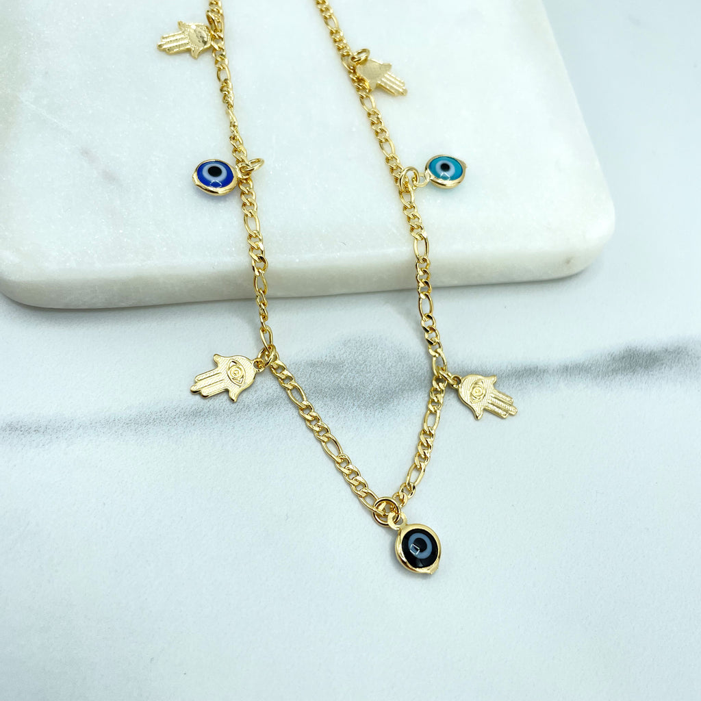 18k Gold Filled Anklet, 2mm Figaro Chain with Dangle Blue Evil Eyes and Hamsa Hands